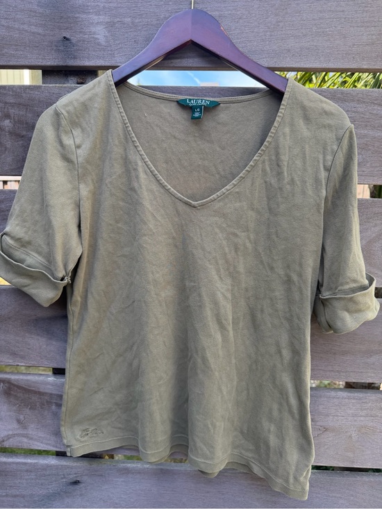 Ralph Lauren Tops - Lauren Ralph Lauren Olive Green V Neck Tee Large Cotton Rolled Sleeve Top